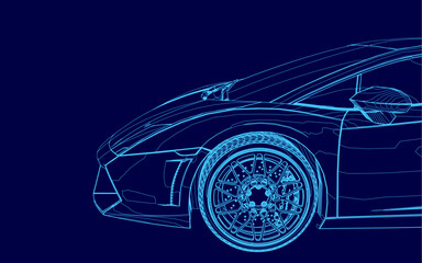 Poster - A blue car with a wheel in the foreground. The car is shown in a blue color. Side view