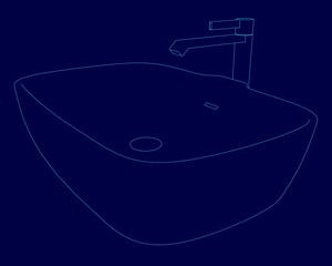 Poster - A blue drawing of a sink with a faucet. The sink is square and has a hole in the middle