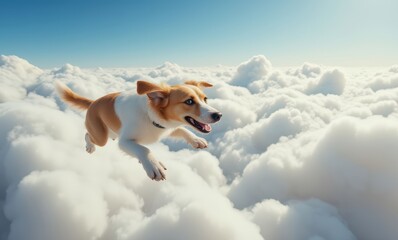 Wall Mural - Happy corgi joyfully leaps through clouds