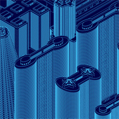 Fototapete - A futuristic cityscape with tall buildings and a blue bridge. The buildings are sleek and modern, with sharp angles and clean lines. The bridge is a striking blue color. Isometric view