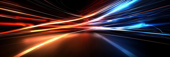 Fototapete - An abstract representation of technology is created by blue and orange light beams with sparks, representing stock in data science