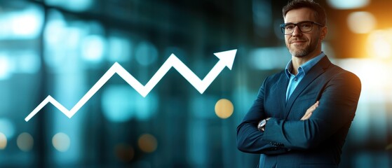 Poster - A confident businessman stands with arms crossed, smiling next to an upward-trending graph symbolizing growth and success in a modern office setting.