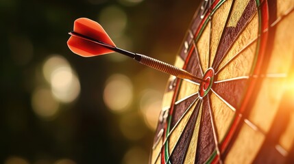 Poster - A close-up of a dart embedded in the bullseye of a dartboard, illuminated by warm sunlight, creating a dynamic and focused atmosphere.