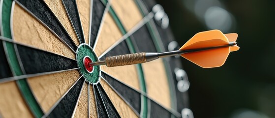 Poster - A close-up of a dart embedded in the bullseye of a dartboard, showcasing precision and focus in the game of darts.