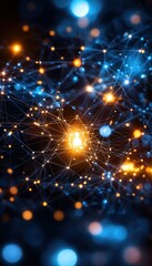 Poster - A vibrant visualization of interconnected nodes and glowing particles, representing a network of energy or data in blue and orange hues.
