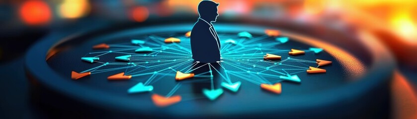 Poster - A lone figure stands at the center of a vibrant, digitally connected scene, surrounded by directional arrows, symbolizing choices and pathways.