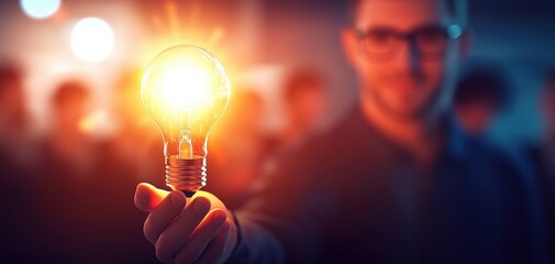 Poster - A person holds a glowing light bulb, symbolizing ideas and innovation, with a blurred background of people.