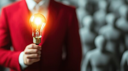 Poster - A person in a red suit holds a glowing light bulb, symbolizing innovation and creativity, against a backdrop of indistinct figures.