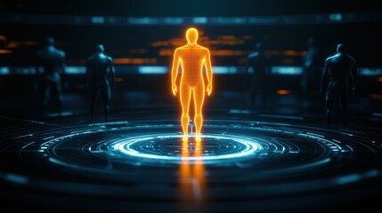 Poster - A glowing orange figure stands in a circular light pattern, surrounded by darker silhouettes, creating a futuristic and ethereal atmosphere.