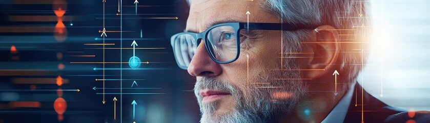 Poster - A focused man with glasses reflects on digital data, symbolizing technology, innovation, and future insights.