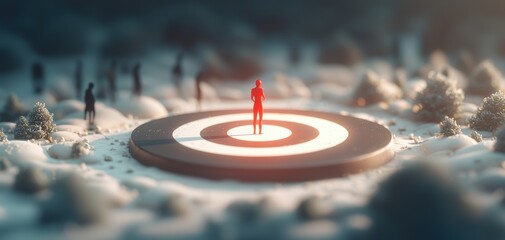 Poster - A solitary red figure stands on a target in a foggy landscape, surrounded by shadowy silhouettes, symbolizing focus and goal-setting.