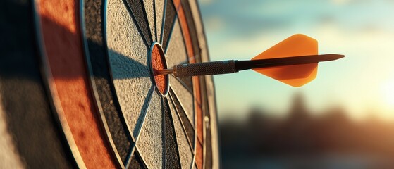Poster - A dart is embedded in the bullseye of a dartboard, bathed in warm light, suggesting focus and precision in target practice.