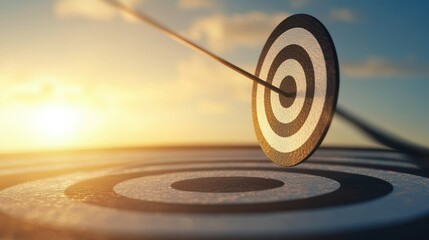 Poster - A dart is poised to hit the bullseye of a target, set against a beautiful sunset backdrop, symbolizing focus and achievement.