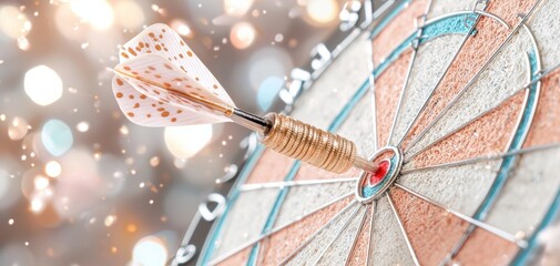 Poster - A dart embedded in the center of a colorful dartboard, surrounded by a shimmering background, symbolizing precision and focus.