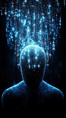 Poster - A digital silhouette with a glowing effect, surrounded by cascading blue data streams, symbolizing technology and the human mind.