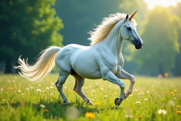 Majestic white unicorn stallion gallops freely across mystical meadow , fantasy, fantasy art