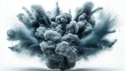 powerful explosion with debris and dust particles floating in mid-air, isolated on a transparent bac