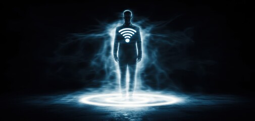 Poster - A glowing figure surrounded by energy waves, displaying a Wi-Fi symbol on its back, representing connectivity and technology.