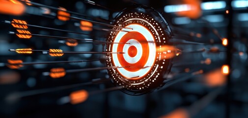 Poster - a futuristic target with glowing edges is depicted, surrounded by dynamic light trails, evoking a se
