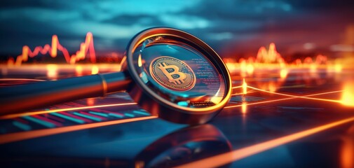 Poster - A magnifying glass focuses on a Bitcoin symbol against a backdrop of vibrant financial graphs and data.
