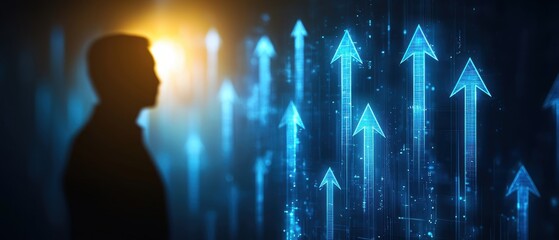 Poster - A silhouette of a person stands against a digital backdrop featuring glowing upward arrows, symbolizing growth and progress in technology.