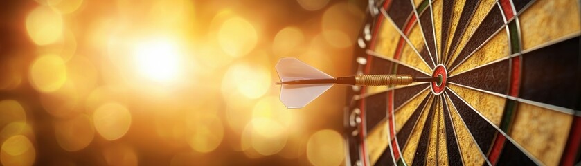 Poster - A close-up of a dartboard with a dart aimed towards the bullseye, illuminated by a warm, glowing background.