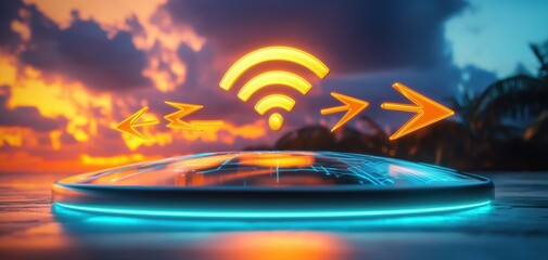 Poster - A futuristic disc-shaped object emits Wi-Fi signals against a colorful sunset, blending technology with a serene natural backdrop.