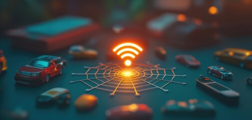 Poster - A vibrant arrangement of toy cars surrounding a glowing Wi-Fi symbol, illustrating connectivity in a playful, imaginative setting.