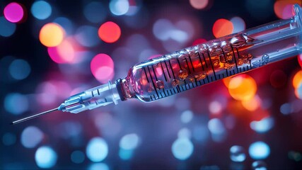 Poster - A futuristic syringe filled with glowing red liquid rests on a reflective surface, symbolizing advanced medical technology
