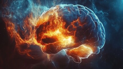 Poster - Digital Brain on Fire, Abstract Rendering of Human Consciousness, Thought, and Imagination
