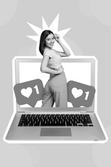 Leinwandbilder - Graphics mockup advert collage of beautiful lady posting internet photo blog got netbook many heart like reaction