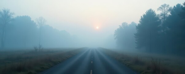 Dense fog blankets a desolate scene, visibility near zero ,  isolated,  still,  darkness