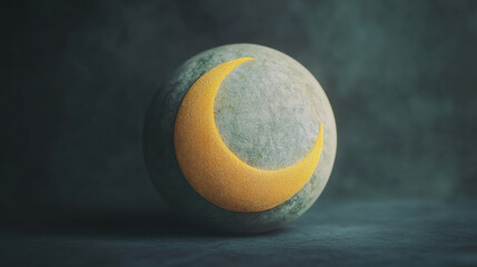 Wall Mural - A velvet-textured juggling ball with a delicate yellow crescent moon embroidery at its core, placed on a single-tone matte background