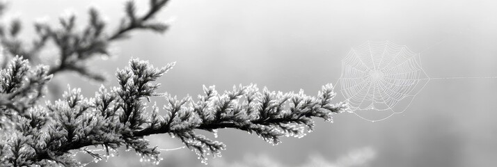 Wall Mural - Black And White Spider Web Glistening With Morning Dew In Nature, Minimalist Nature Scene