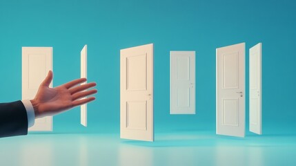 Poster - Businessman extending hand to choose right door among many opportunities, representing career choices, decision making, recruitment process, and job insecurity