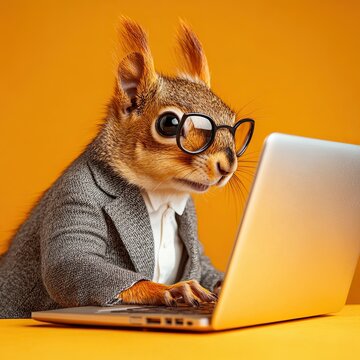 squirrel works at a laptop, work desk. on a plain bright colored background. in a business suit. place for text. photo.