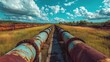 © Boonnam Burart - Rusted and weathered pipeline silhouettes stretching across a vivid green industrial space