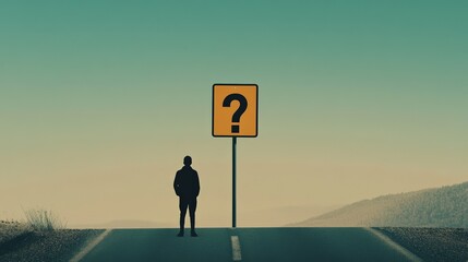Poster - Man is standing on a crossroad at sunset, facing a question mark sign, symbolizing important choices, decisions, and the fear of better options