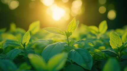 Wall Mural - Lush green plants emerge at sunrise in a field