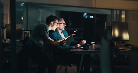 Aufkleber - Night, tablet and business men in office with computer for system administration with IT support. Digital technology, deadline and manager with software engineer for advice, help or feedback.