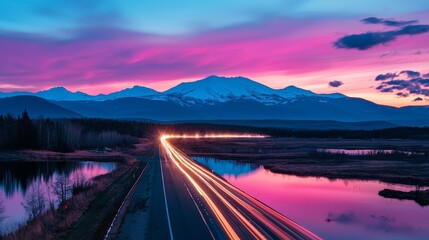 Poster - Night view of a road with light tracks created by traveling vehicles