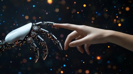 Poster - A human's finger tenderly touches the robotic finger, illustrating the harmonious relationship between humans and AI technology.
