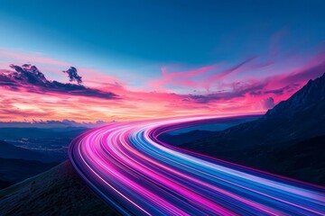 Wall Mural - Speed light trails form an abstract path of fast-moving neon, against a backdrop of futuristic technology and virtual reality, enhanced with motion effects, bright neon curves, and highway speed