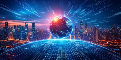 Poster - An AI-created visual of a cyber space background, highlighting a neon-colored global world within the metaverse, symbolizing future technological advancements in energy and internet connectivity.