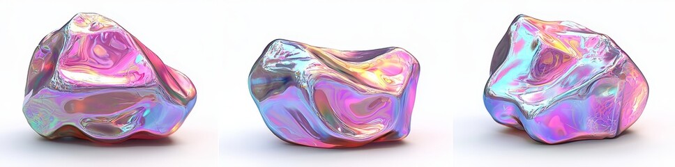 Poster - 3D glass cubes that are both transparent and reflective, with a futuristic appearance. A square block that shimmers with iridescent colors. Modern prismatic squares shown in different views. A