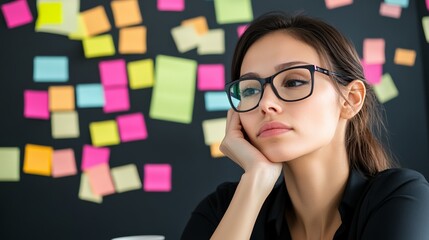 Poster - Young businesswoman contemplating various choices and directions represented by colorful sticky notes on a blackboard, embodying decision making and job insecurity