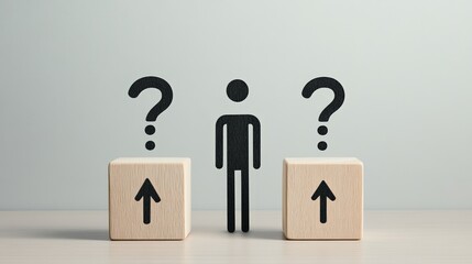 Poster - Businessman standing between two wooden blocks with upward arrows and question marks above, representing a difficult career choice and the fear of better options - fobo -