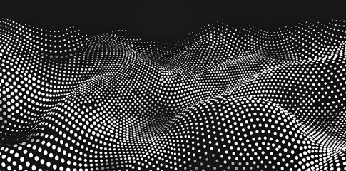Poster - Isolated on a white background, a 3D curve of flowing dots and particles creates a wave pattern with a halftone black gradient. This design reflects contemporary themes in technology, science, and