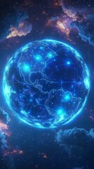 Poster - earth-spanning network connection, produced by generative ai with an internet background.