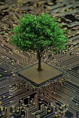 Poster - A tree thriving where computer circuit boards converge, representing green computing, green technology, green IT, CSR, and IT ethics. This illustrates the concept of high-quality green technology and